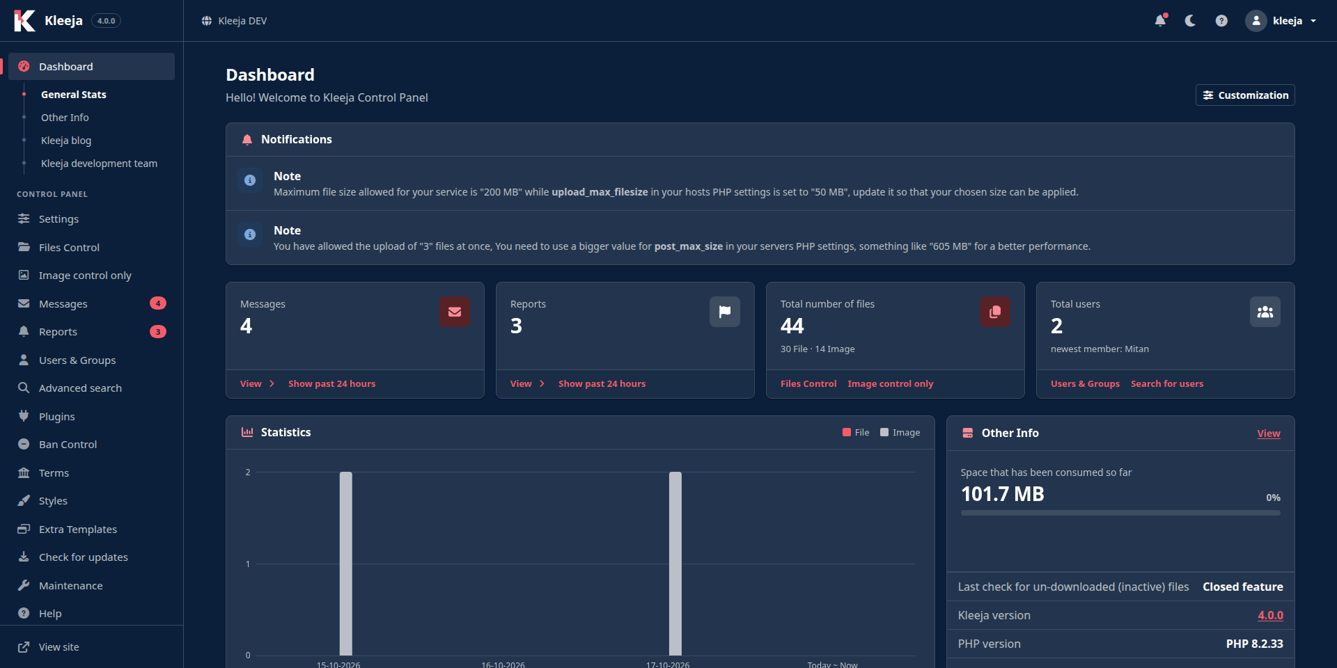 The Damask dashboard in dark mode