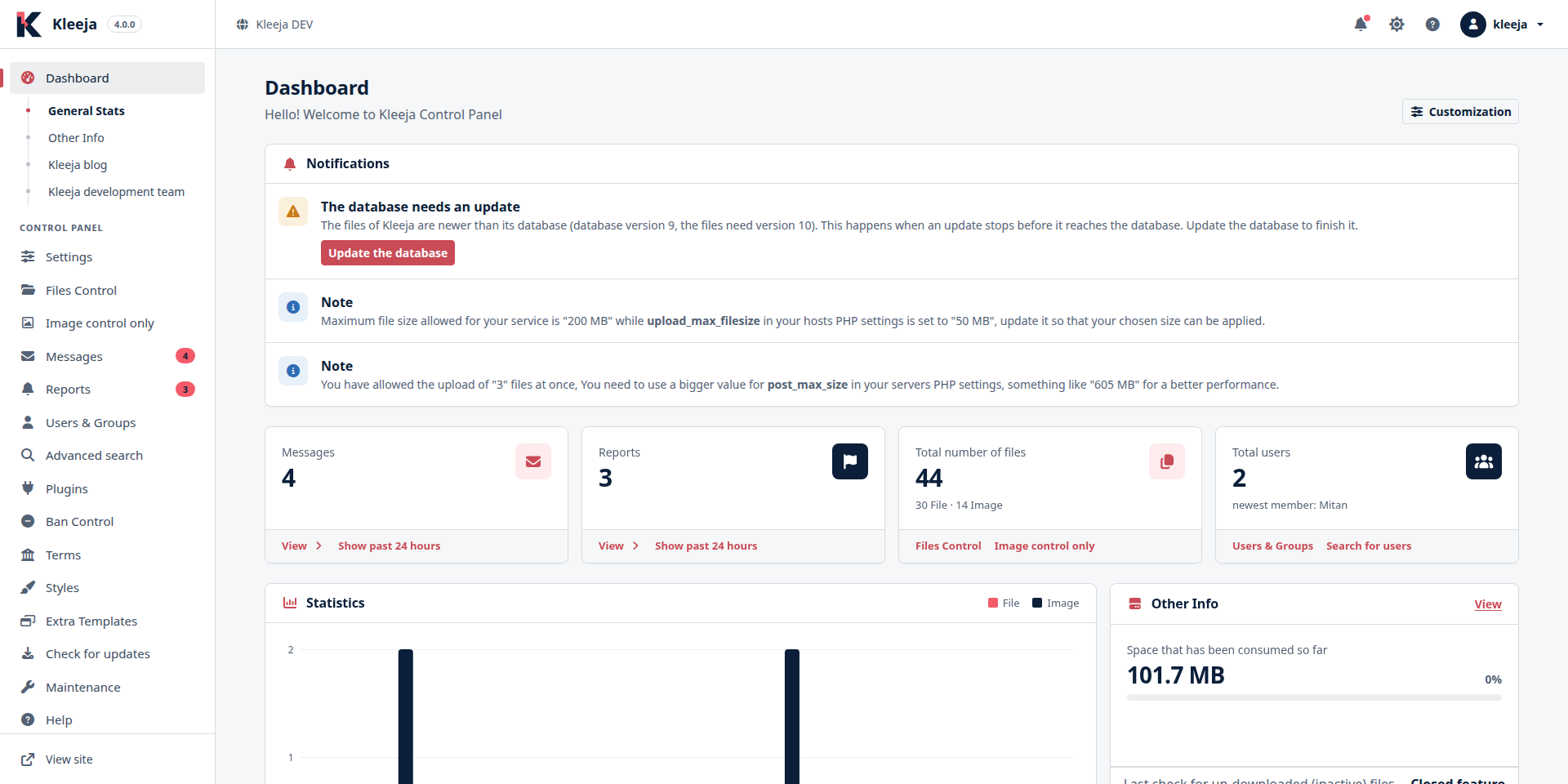 The "database needs an update" notice on the dashboard