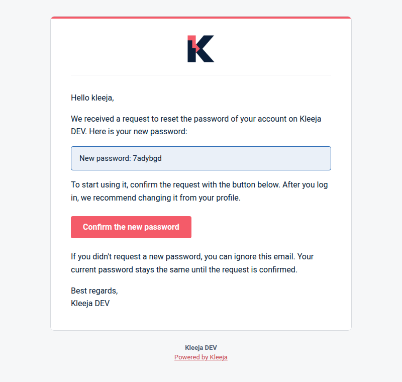 The new password reset email
