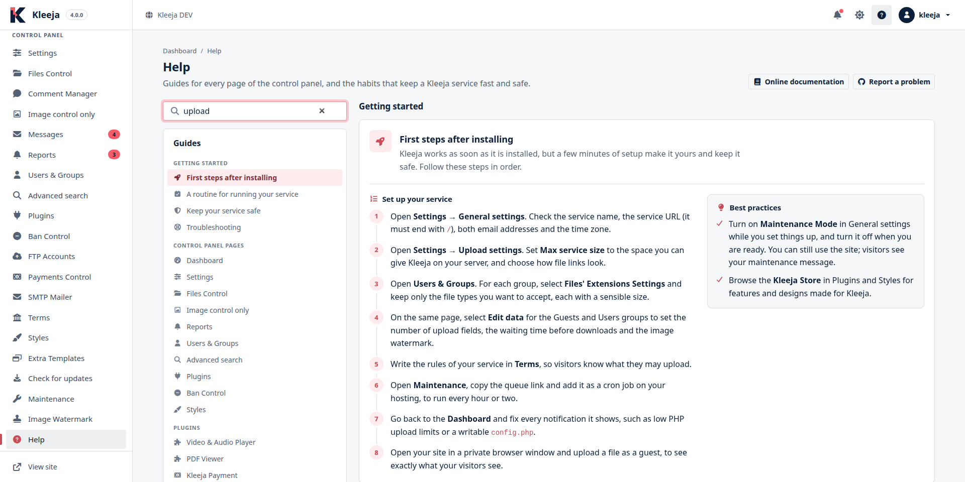 The Help page, with the guides filtered by a search for "upload"