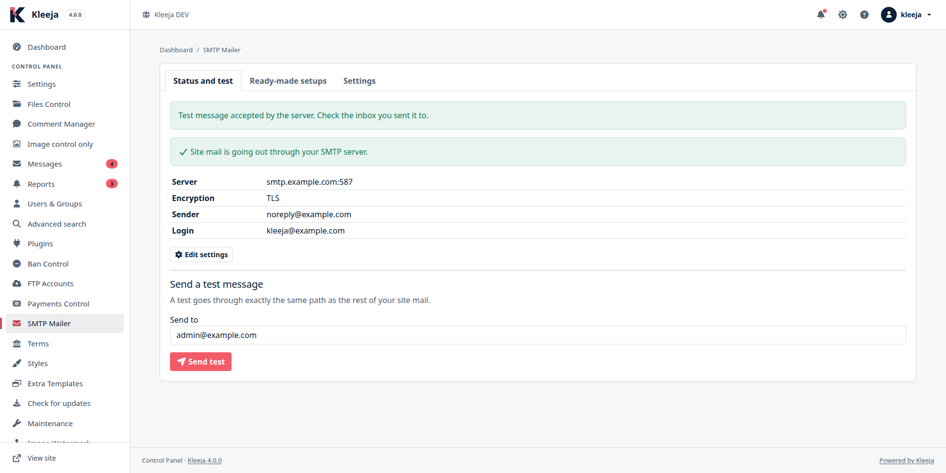 The test tab of Kleeja SMTP Mailer after a successful test