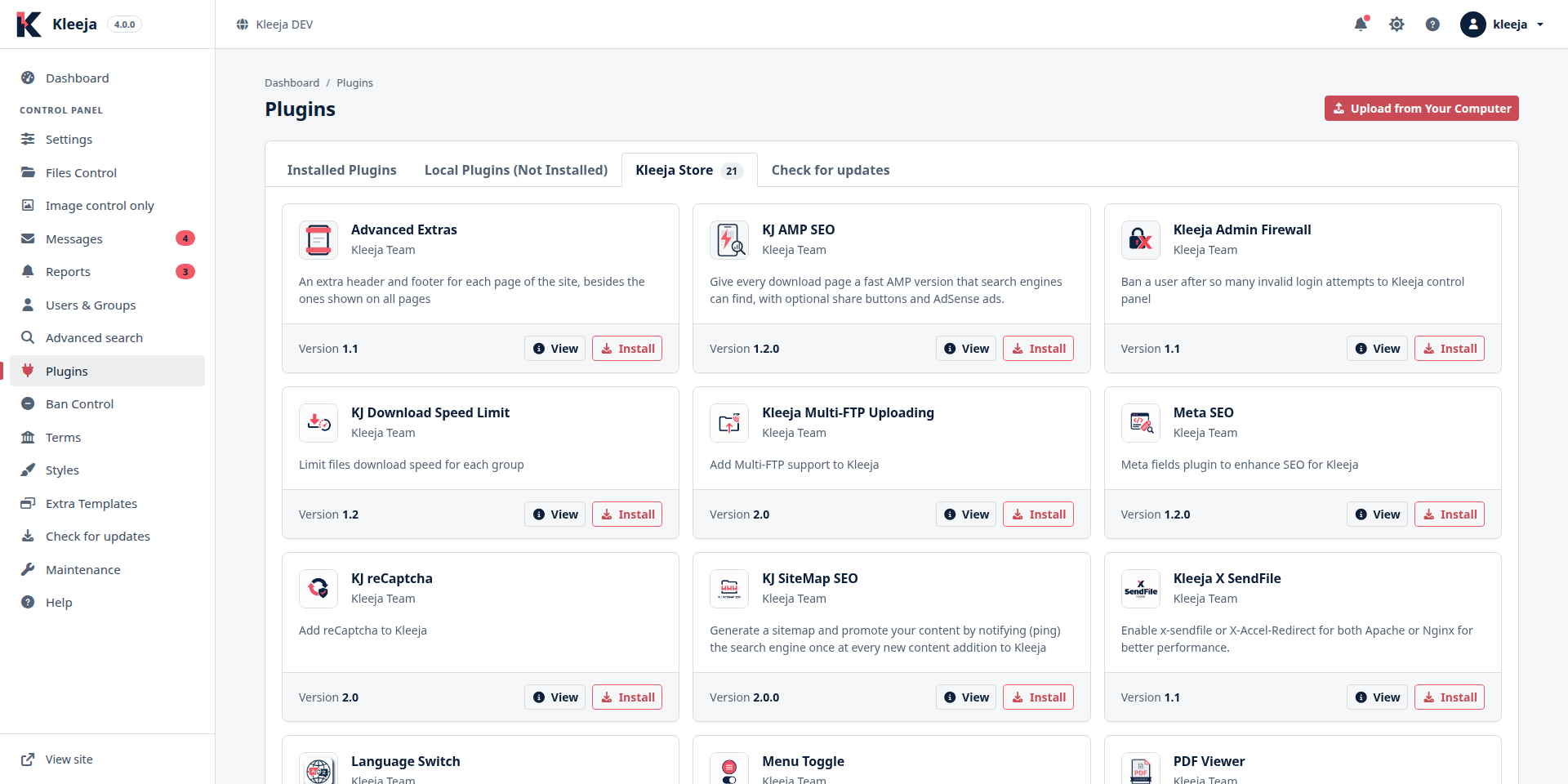 The Kleeja Store tab on the Plugins page