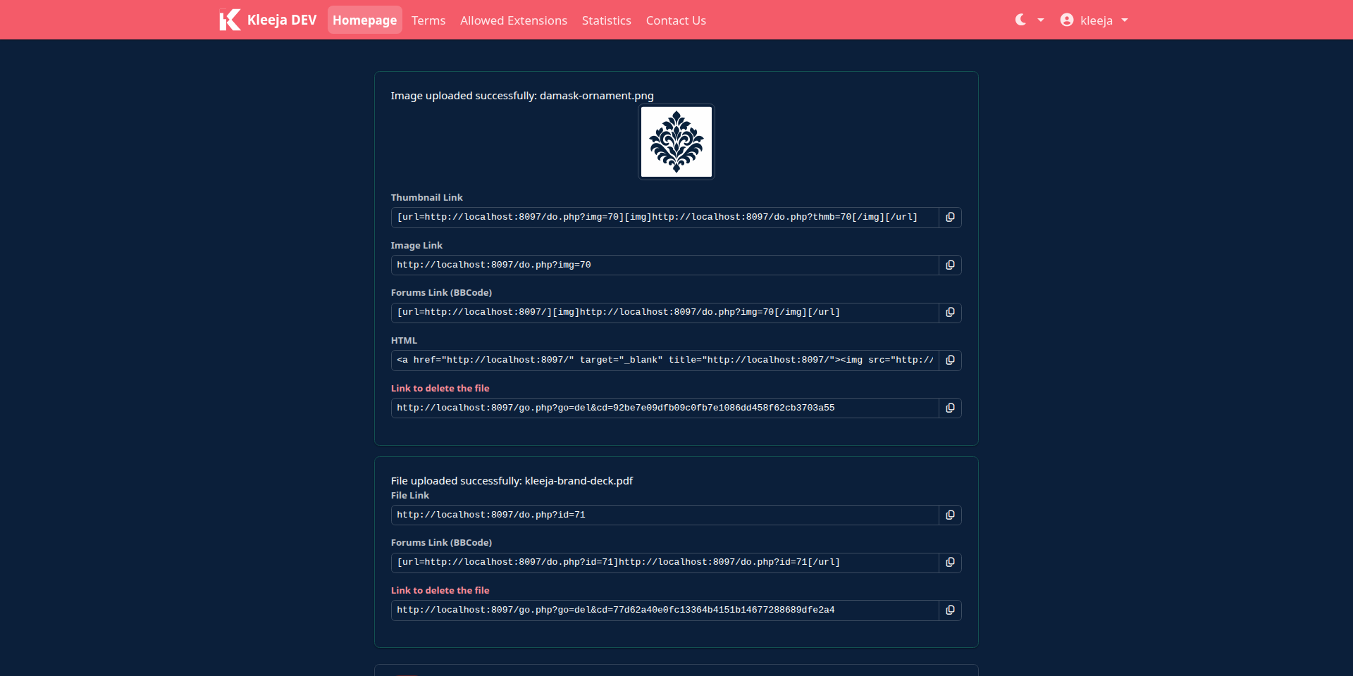 Upload results in the dark mode of the Bootstrap style, with a copy button next to every link